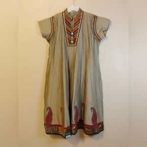 Embroidered Beige Dress with Red Accents